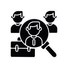 Headhunting black glyph icon. Searching worker for vacant position. Human resources management, recruitment process silhouette symbol on white space. Hiring new employee. Vector isolated illustration