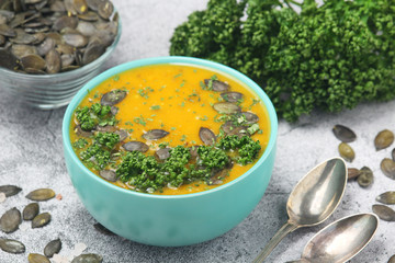 A bowl with home-made pumpkin soup	