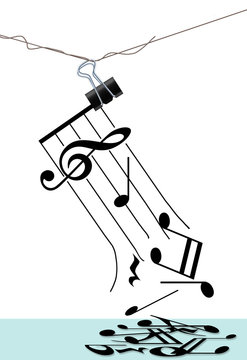 A broken treble clef hangs from a wire and paper clip as notes fall to the floor below.