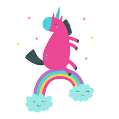 Cute unicorn on rainbow with stars. Cartoon style vector illustration with unicorn. Vector illustration in flat style. Great design element for sticker, patch or poster. 
