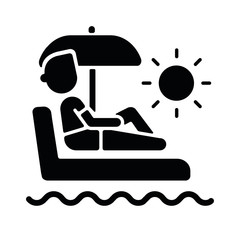 Vacation leave black glyph icon. Taking break from work, holiday season recreation silhouette symbol on white space. Company employee sunbathing. Relaxing businessman vector isolated illustration