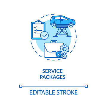Service packages concept icon. Prepaid vehicle maintenance plan. Servicing, repairing. Regular auto diagnostics idea thin line illustration. Vector isolated outline RGB color drawing. Editable stroke
