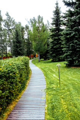 Pathway wooden winding in garden - horizontal