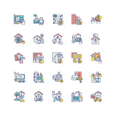 Building and repair house RGB color icons set. Gas pipework. Counter installation. Pool construction. Garage building. Home decor. House maintenance. Isolated vector illustrations