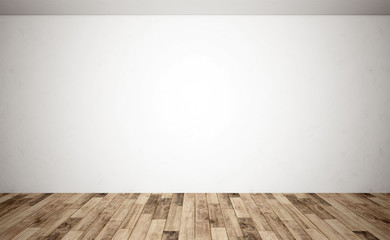 White wall and beige parquet floor. Interior empty room. Light plaster wall. 3d rendering.