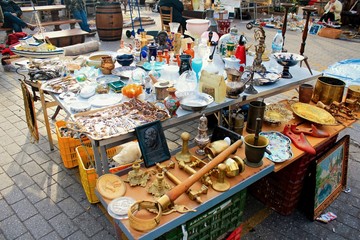 Stalls with vintage second hand items at the flea market of Monastiraki in Athens, Greece, December...