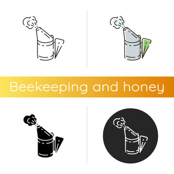 Bee smoker icon. Linear black and RGB color styles. Apiarist tool for honeybees smoking, insects fumigation appliance. Professional beekeeping, apiculture. Isolated vector illustrations