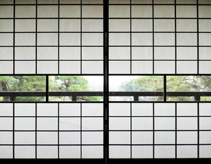 Shoji, Traditional Japanese sliding door made of rise paper closed in front of garden