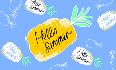 Hello Summer Poster with pineapple.Vector illustration.
