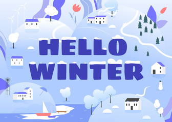 Fototapeta na wymiar Hello winter concept vector illustration. Cartoon flat snow winter landscape with village houses on hills, snowman, trees and hello winter text lettering, natural scenery typography design background