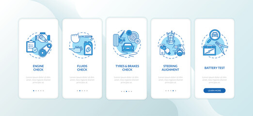 Full car service onboarding mobile app page screen with concepts. Engine checkup, battery diagnostics walkthrough 5 steps graphic instructions. UI vector template with RGB color illustrations