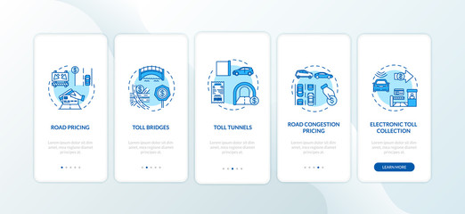 Toolways onboarding mobile app page screen with concepts. Highway payment, electronic toll collection walkthrough 5 steps graphic instructions. UI vector template with RGB color illustrations