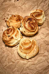 Fresh sweet homemade buns, homemade baked goods.