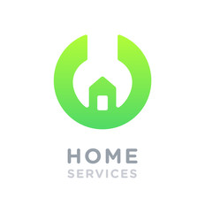Home services. Vector logotype. Repair tool icon. Service symbol. Home sign. Home icon. Logo template. Wrench icon. Spanner icon. Support. Home help.