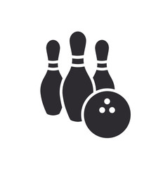 Bowling pins with ball icon. Bowling game. Bowling ball and pin icon. Simple icon skittles with ball. Logo template. Bowling club, tournaments. Sport icon. Transparent background.