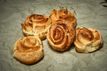Fresh sweet homemade buns, homemade baked goods.