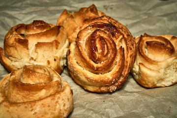 Fresh sweet homemade buns, homemade baked goods.