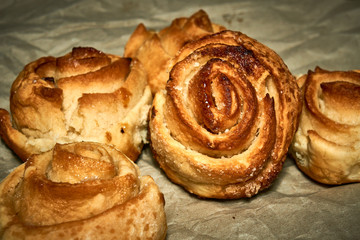 Fresh sweet homemade buns, homemade baked goods.