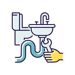 Plumbing installation RGB color icon. Home plumbing. Renovation and repair. Toilet and sink installations. Construction process. Home maintenance. Isolated vector illustration
