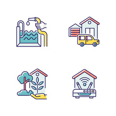 Home facilities RGB color icons set. Garden decoration. Internet connection. Swimming pool installation. House with garage and car. Home maintenance. Isolated vector illustrations