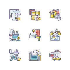 Home improvements RGB color icons set. Wall painting. Flooring. Home decoration. Garage building. Pool construction. Home maintenance and improvement. Isolated vector illustrations