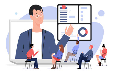 People in online conference vector illustration. Cartoon flat business teleconference process with speaker businessman character and audience. Video communication, business meeting isolated on white