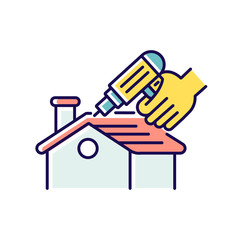 Roof constructing RGB color icon. Rooftop construction. Outdoors renovation. Roofing nailer. Exterior renovation. Pneumatic stapler. Home maintenance and remodeling. Isolated vector illustration