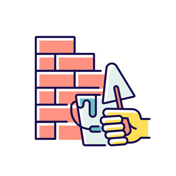 recommend clip art: Wall building RGB color icon. Bricklaying techniques. Brickwork. Manual work. Redbrick wall. Construction. Building walls outdoor. Reparation. Home maintenance. Isolated vector illustration