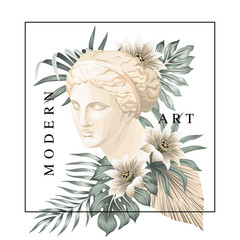 Tropical Venus marble head floral palm leaves, flower print. Goddess sculpture vector illustration. © good_mood