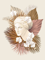 Tropical Venus marble head floral palm leaves, flower print. Goddess sculpture vector illustration. © good_mood