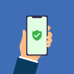 Green Shield on smartphone screen. Hand holds the smartphone. Modern Flat design illustration.