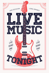 Cool retro styled 'Live Music Tonight' vector poster or banner template. Vertical event announcement with chunky lettering and electric guitar illustration. Concert poster