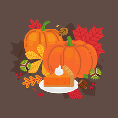 Fall or autumn vector background in flat design with pumpkins, colorful leaves, chestnuts and slice of pumpkin pie on plate