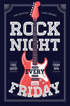 Cool 'Rock Night Every Friday' vector poster template with chunky lettering and electric rock guitar. Ideal for printable concert promotion in clubs, bars, pubs and public places