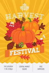 Harvest Festival concept layout. Cool vector poster, flyer or banner template on annual autumn or fall season public event with colorful leaves, pumpkins, chestnuts and sample text