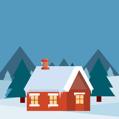 Red country house. Winter landscape with snow and forest. Trees and drifts in the village. The city's suburbs. Christmas view.