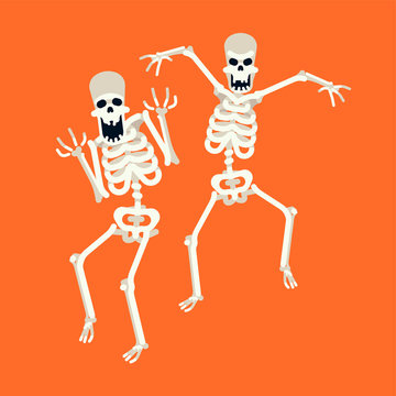 Cool vector flat design spooky cartoon skeletons. Halloween themed character design on bony creatures