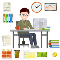 Man sit at Desk with computer and typing the text message in front of monitor. Set of business icons-yellow folder, case for document, schedule, red coffee mug, cash. Flat picture. Businessman at work
