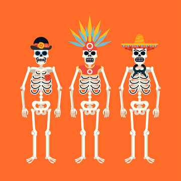 Set of skeletons wearing various headdresses. Ideal for Mexican 'Day of the Dead' themed graphic and web design