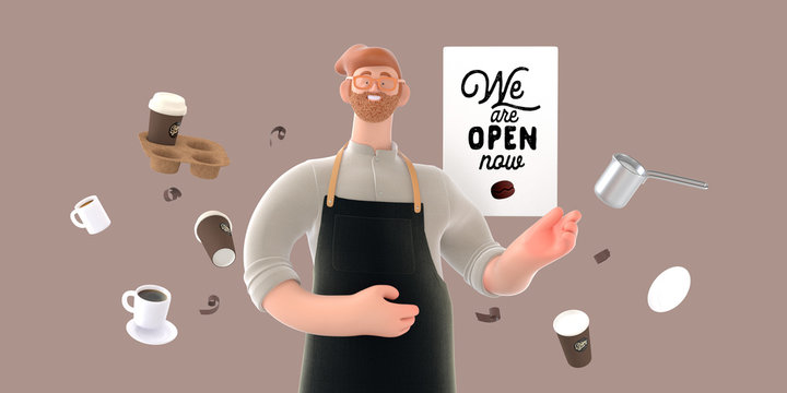 Coffee shop 3D render - barista -modern concept digital illustration of a bearded red haired young man wearing apron pointing a plate Open. Creative landing web page header