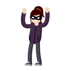 Thief raised hands. Man in black robber mask. Cartoon flat illustration. Detention of criminals. Bank robbery. Arrest the guy in dark cloth