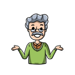 Old Man with Spread hands. Smiling senior in shirt. Doubt and timidity. Hand drawn sketch cartoon. Uncertainty and shrugging. Funny illustration