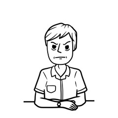 Angry man sit with crossed arms. Negative gesture and discontent. Bad emotions. grumpy guy and Unpleasant look. Hand-drawn black and white sketch cartoon illustration.