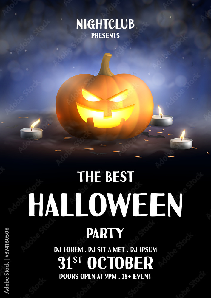 Wall mural Happy Halloween holiday party poster. Festive banner with spooky pumpkin, burning candles and confetti. Vector illustration with shadows of trees on foggy background. Invitation to nightclub. - Wall murals