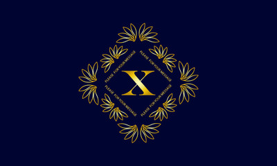 Graceful monogram with the letter X. Golden creative logo on a dark blue background. Floral vector illustration of business, cafe, office, restaurant, heraldry.
