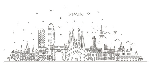 Spain cityscape, spanish travel city vector banner. Urban silhouette - obrazy, fototapety, plakaty
