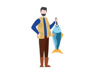 Fisherman Holding Big Fish Illustration with Cartoon Style