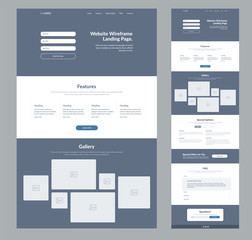 Fototapeta na wymiar Website landing page wireframe design for business. One page site layout template. Modern flat UX/UI site development. Responsive cool website design concept.