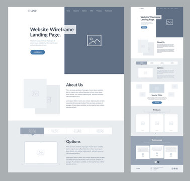 Website landing page wireframe design for business. One page site layout template. Modern flat UX/UI site development. Responsive cool website design concept.