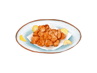 Watercolor Illustration of a Japanese Snack - Fried Chicken on a plate with lemon as a souce
